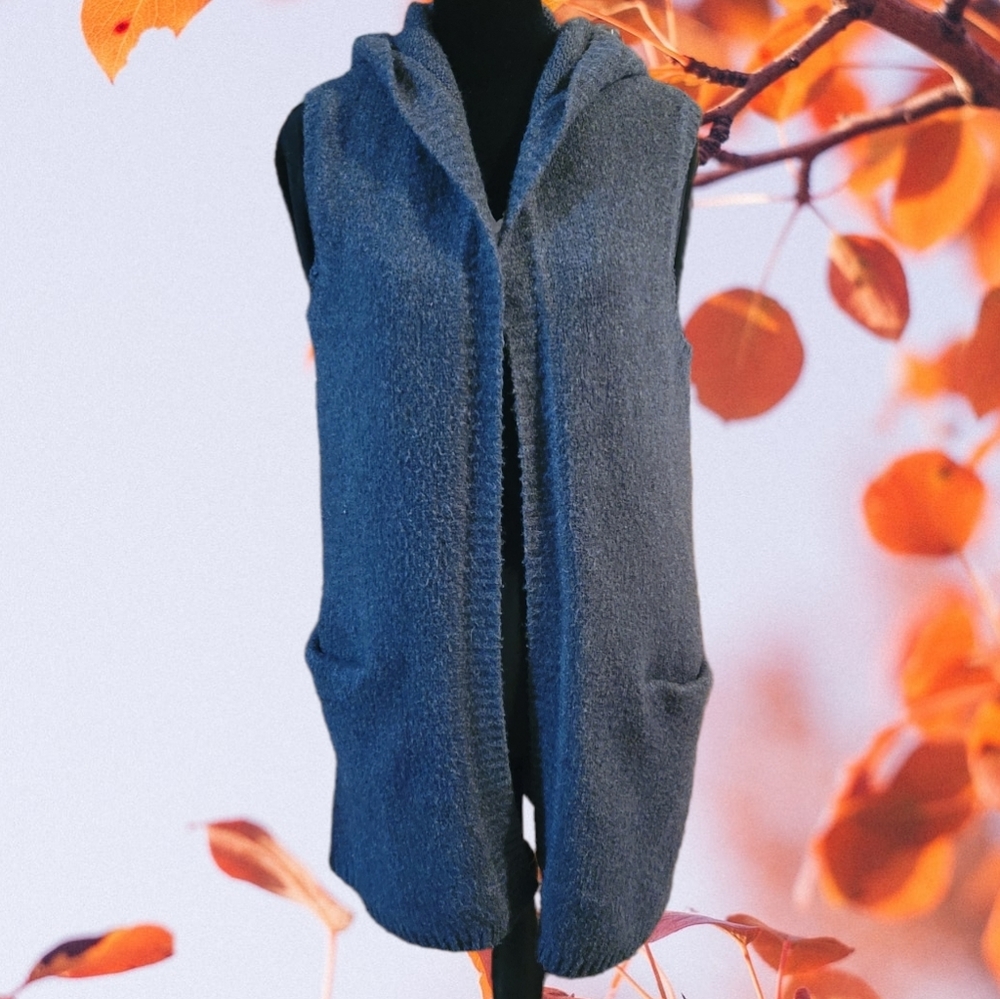 Tahari Charcoal Gray Open Front Sleeveless Cardigan Sweater Hood & Pockets Med